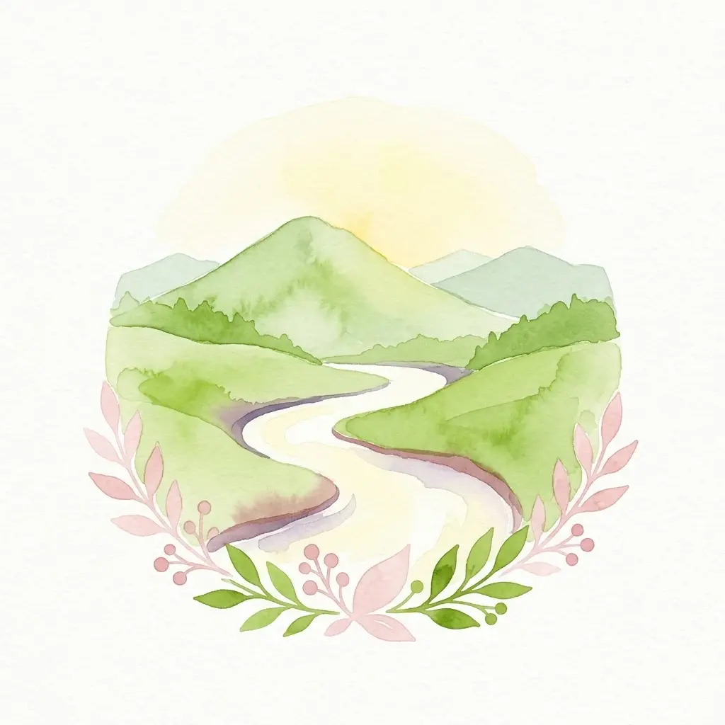 Watercolor illustration of a river winding through green hills and mountains, framed by pink and green foliage