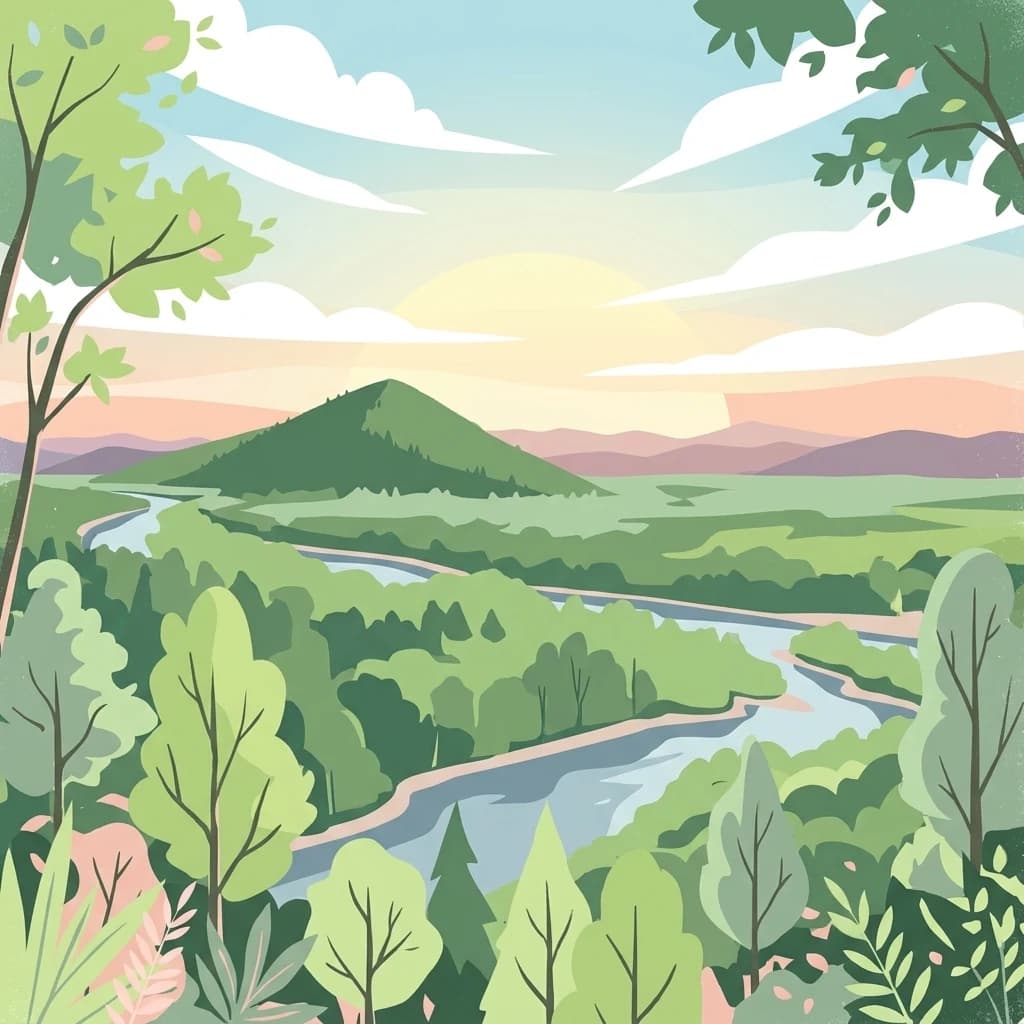 Illustration of a winding river flowing through a dense forest with a mountain in the background under a partly cloudy sky