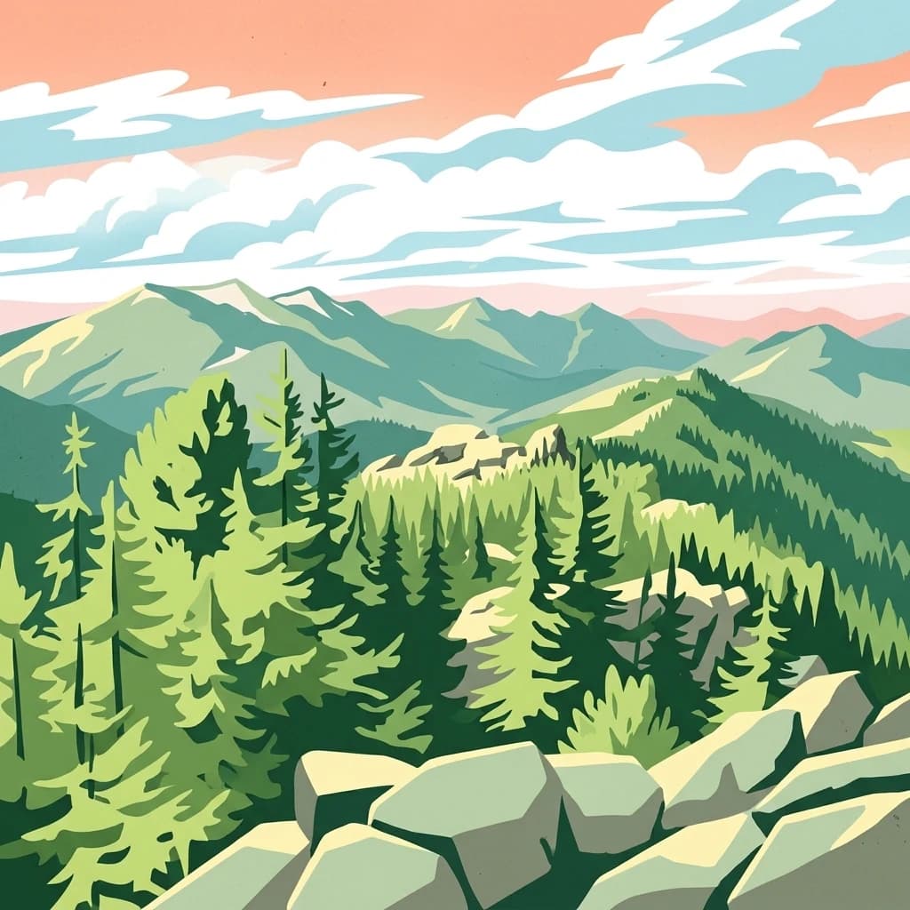 Stylized illustration of forested mountains with rocks in the foreground under a partly cloudy sky