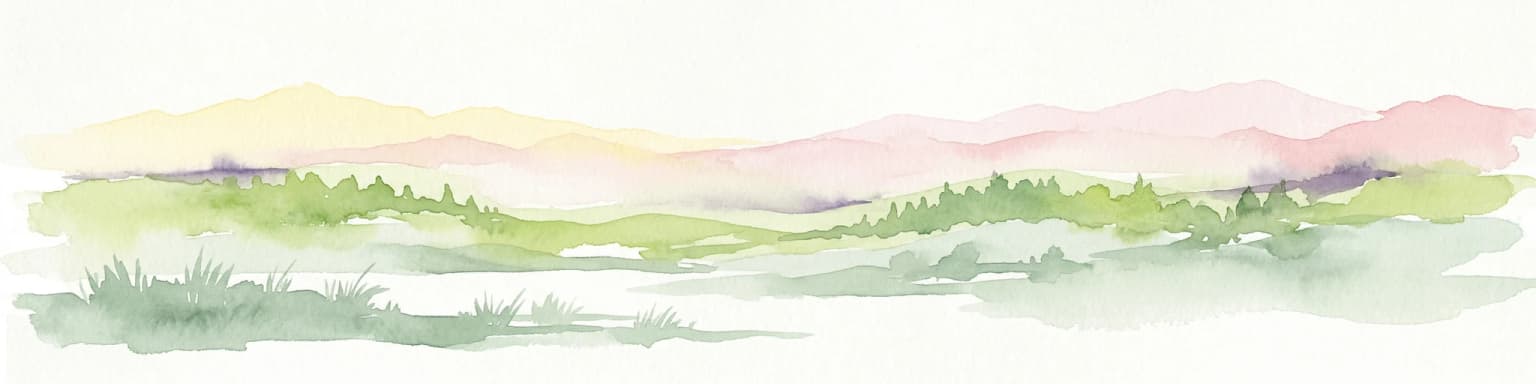 Watercolor landscape painting with green fields, hills, and water under a soft sky