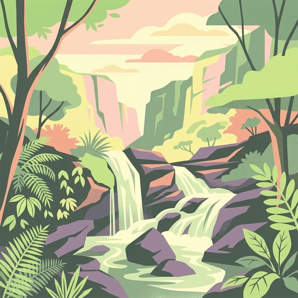 Ilustración estilizada de una cascada con rocas, árboles y vegetación