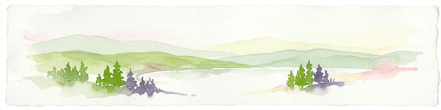 Ilustración en acuarela de un paisaje montañoso con árboles y colinas onduladas
