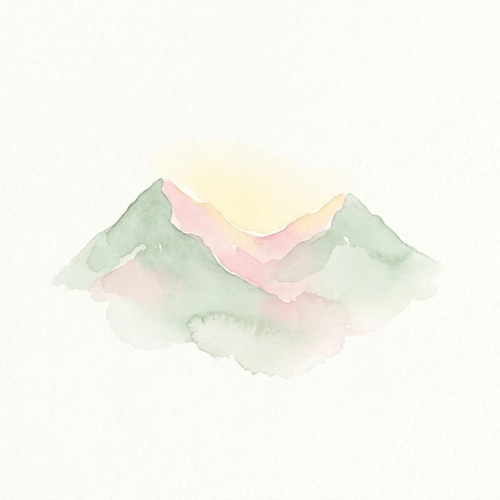 Watercolor painting of green and pink mountain peaks under a yellow sky