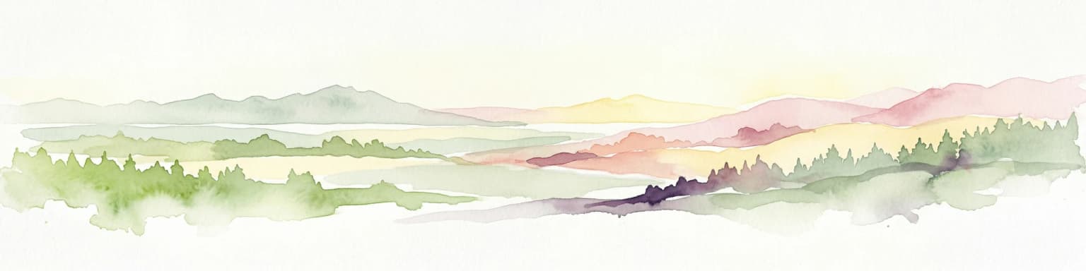 Watercolor painting showing a mountain landscape with green forests, valleys, and distant hills