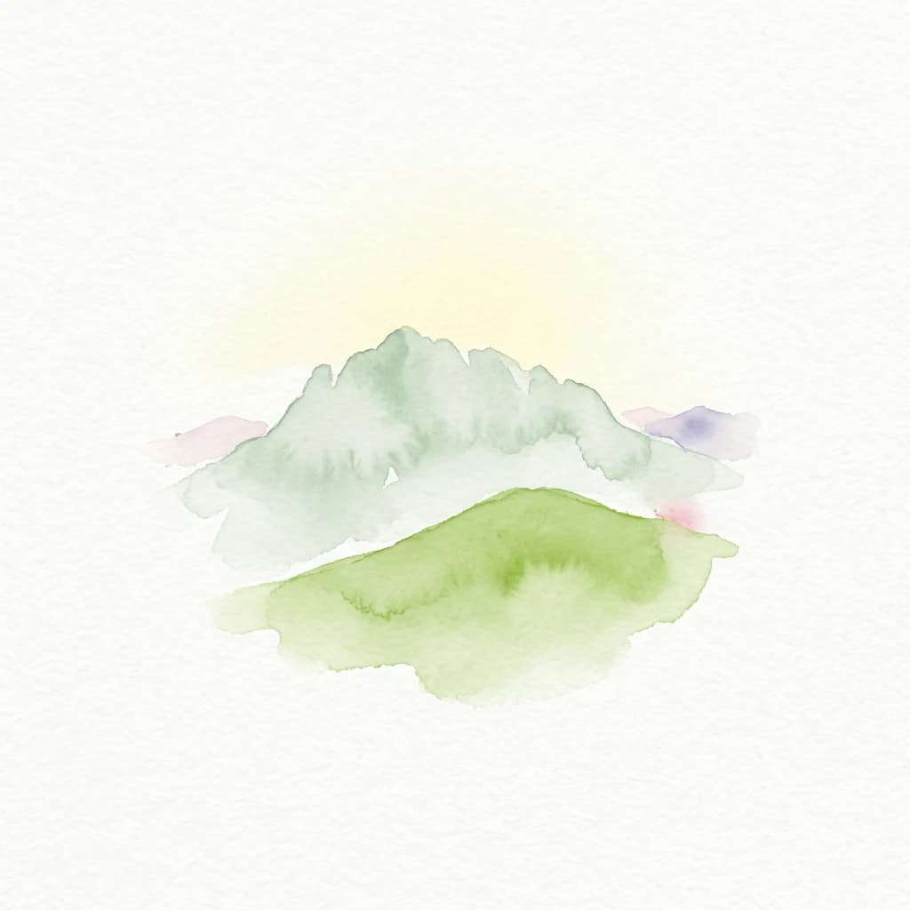 Watercolor illustration of green and gray mountains under a light yellow sky