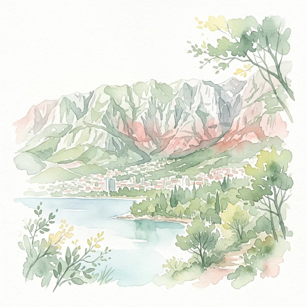 Watercolor illustration depicting a mountainous landscape with a lake, trees, and a coastal town