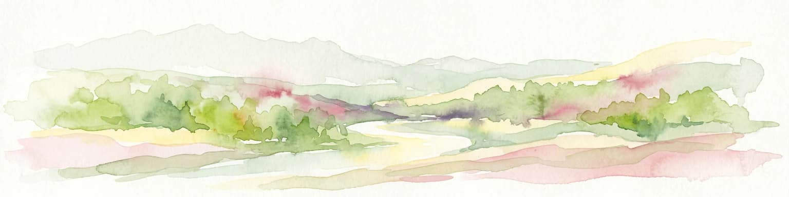 Watercolor illustration of a landscape with green hills, a river, and distant mountains under a light sky