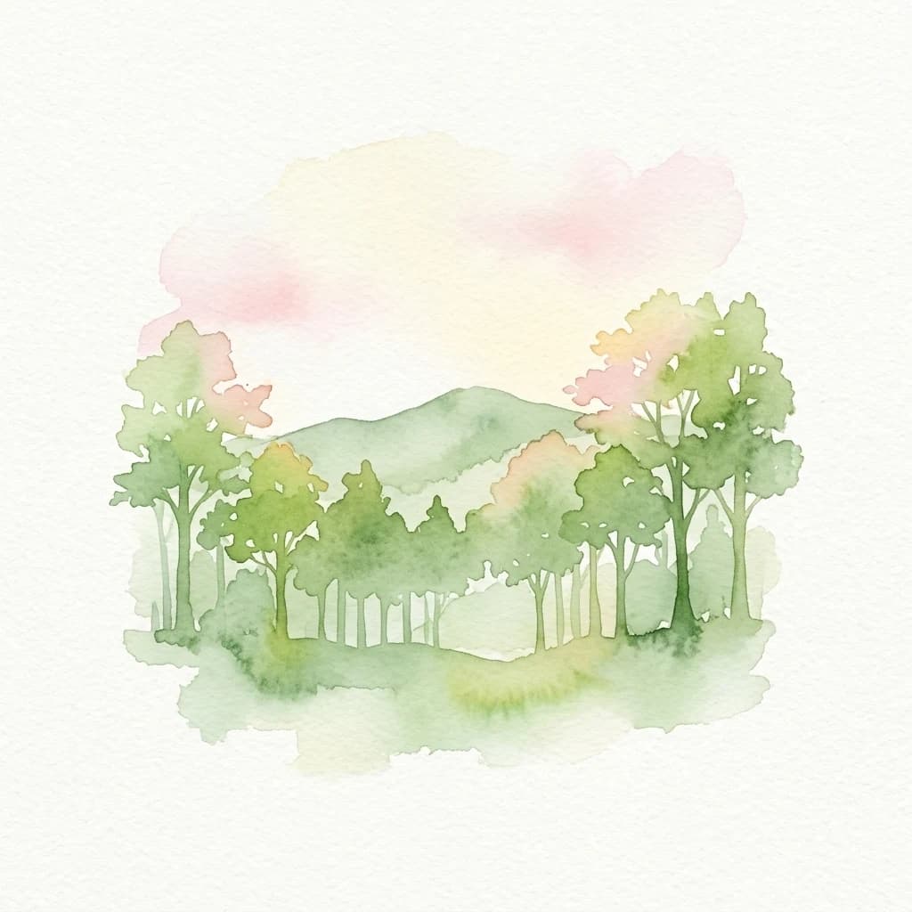Pintura de acuarela que muestra árboles verdes y montañas en un paisaje forestal