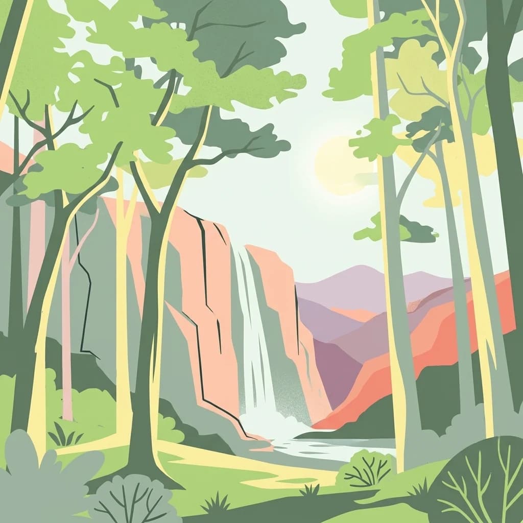 Illustration of a forest with trees and a waterfall flowing into a stream, with mountains in the background