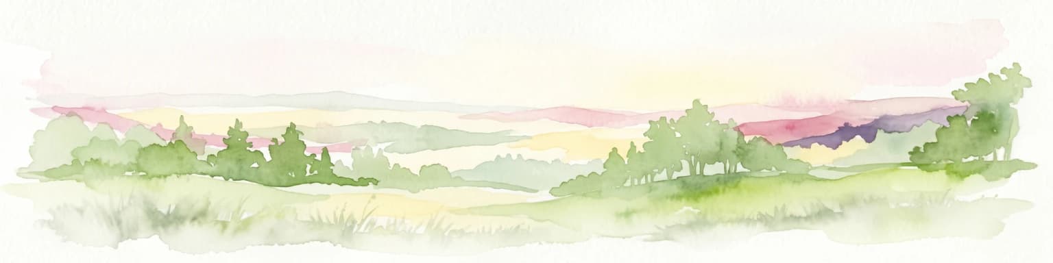 Ilustración acuarela que muestra un paisaje con zonas de hierba, árboles y montañas distantes bajo un cielo rosado