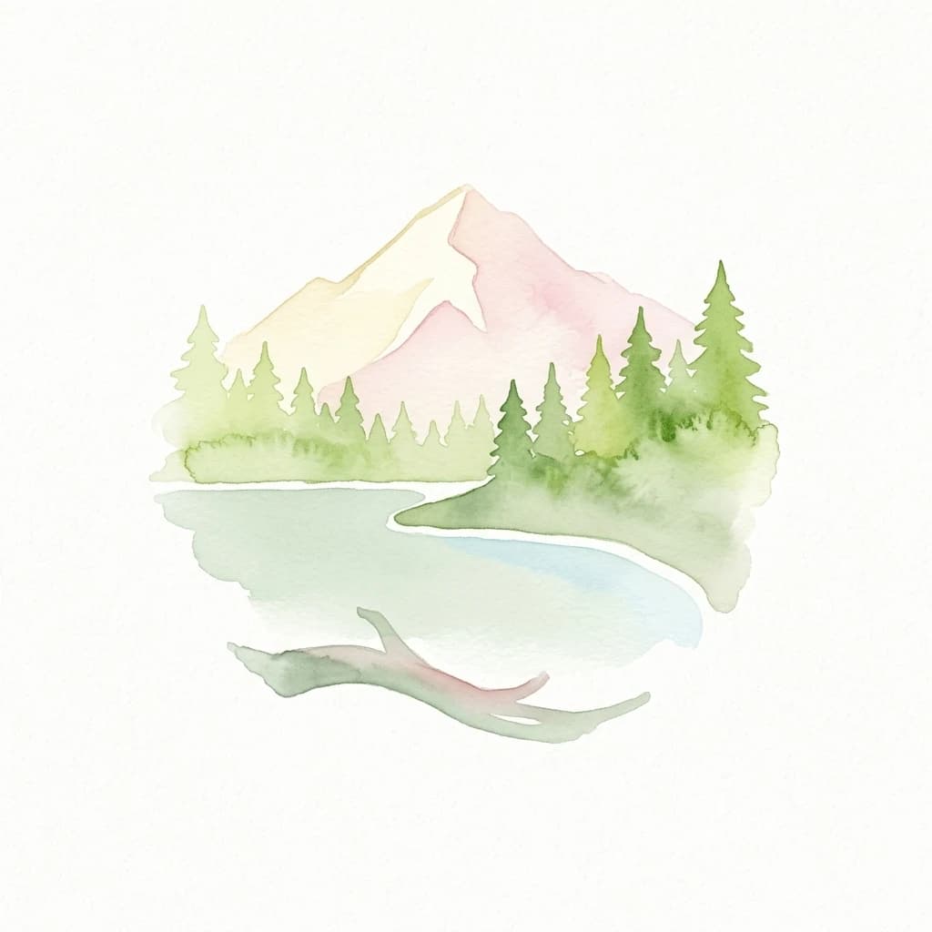 Watercolor illustration of a mountain with pink and yellow peaks, a lake, and green coniferous trees