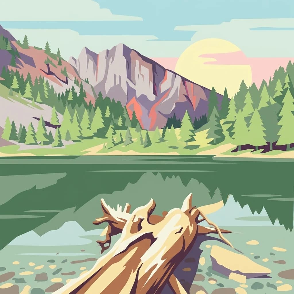Stylized illustration of a mountain lake with pine trees, a fallen log, and a setting sun.