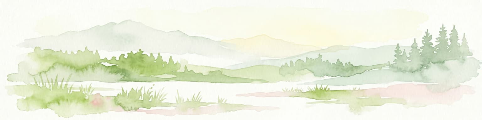 Watercolor painting of green mountains, forests, and fields under a light sky