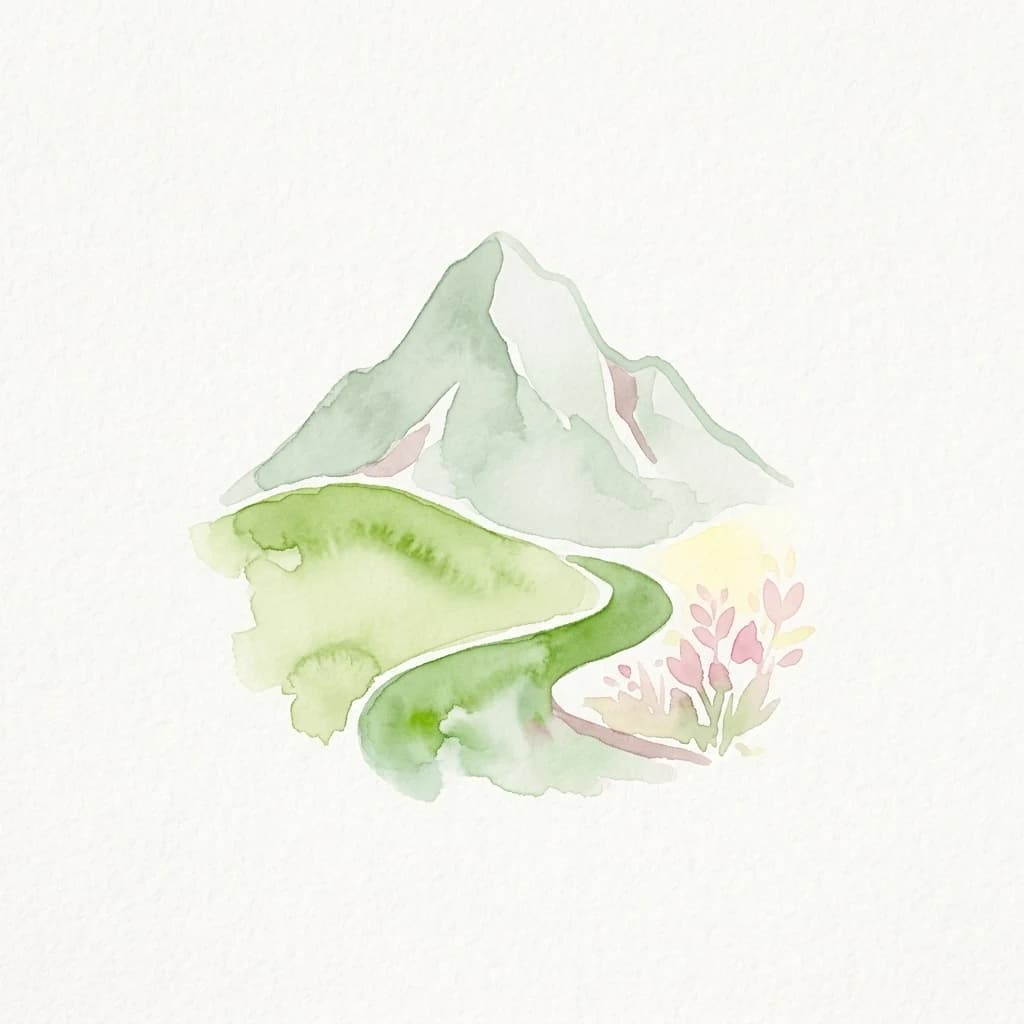 Watercolor illustration of a mountain with a winding path through green fields and pink flowers