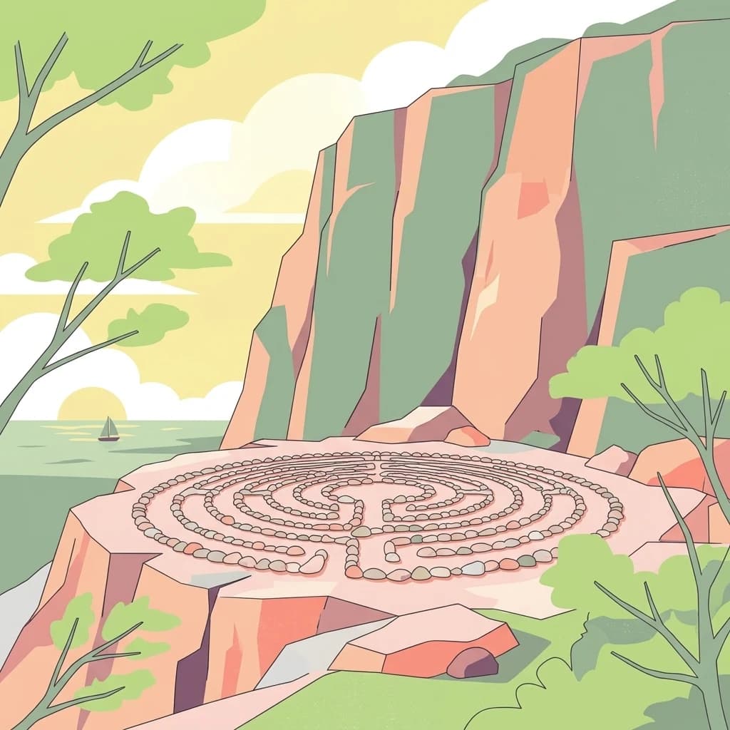 Illustration showing a stone maze on a rocky cliff overlooking water with trees and a sailboat in the background