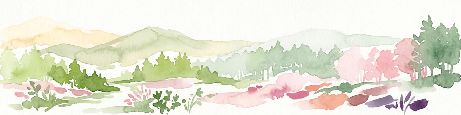 A horizontal watercolor painting showing rolling green hills and a forest with soft pink and green tones.