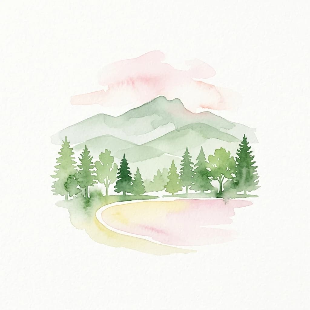 Watercolor illustration of a forested mountain landscape with green trees, a winding path, and pink-tinged sky