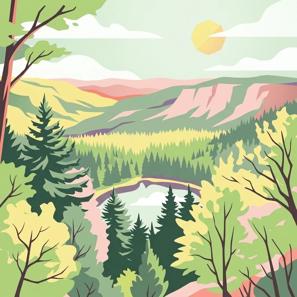 Stylized illustration of a forested valley with mountains, a lake, and a sun