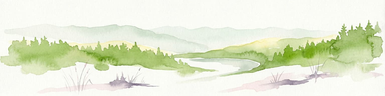 Watercolor depiction of a river flowing through a forested landscape with rolling mountains in the background