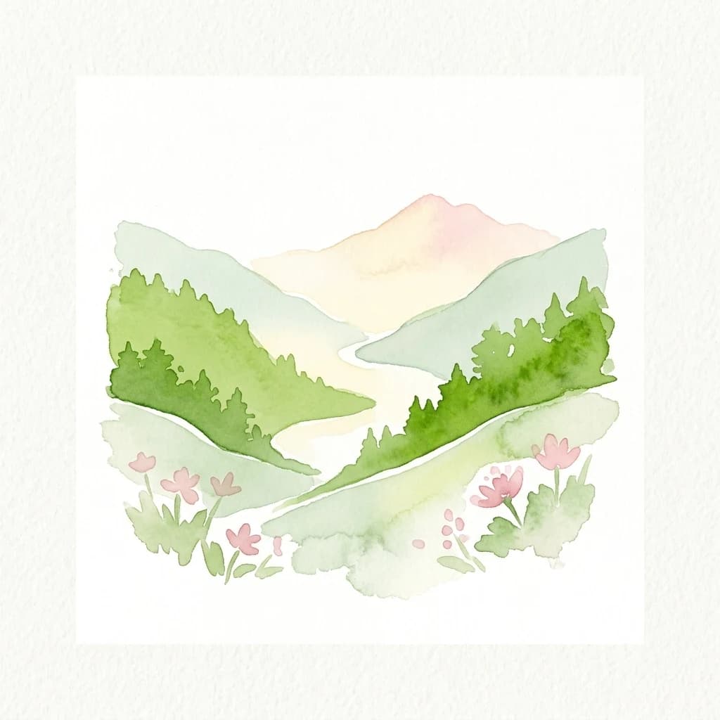 Watercolor painting of a landscape featuring a winding river through a valley, surrounded by green hills and mountains, with pink flowers in the foreground