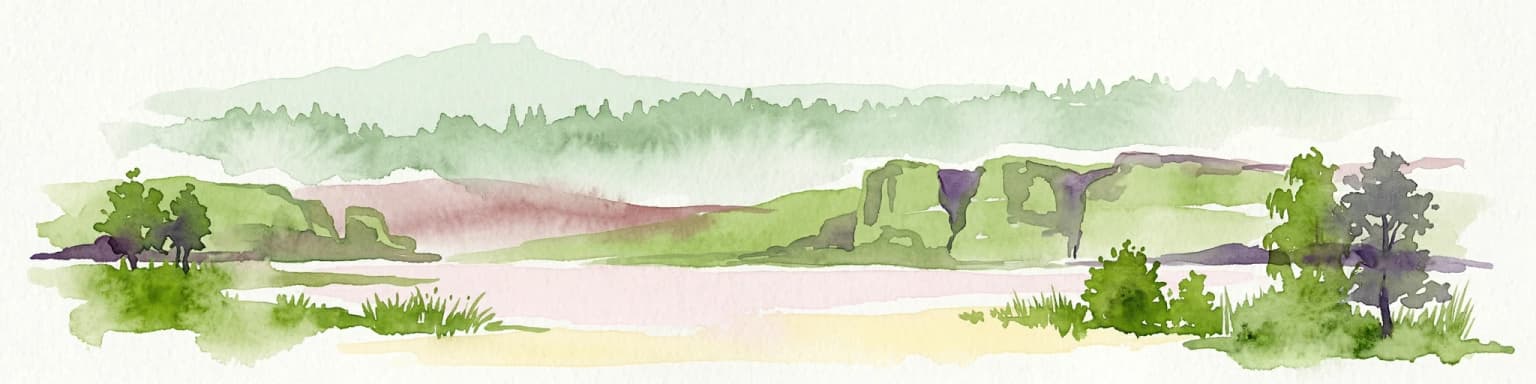 Watercolor painting showing a river, grassy banks, scattered trees, and distant hills