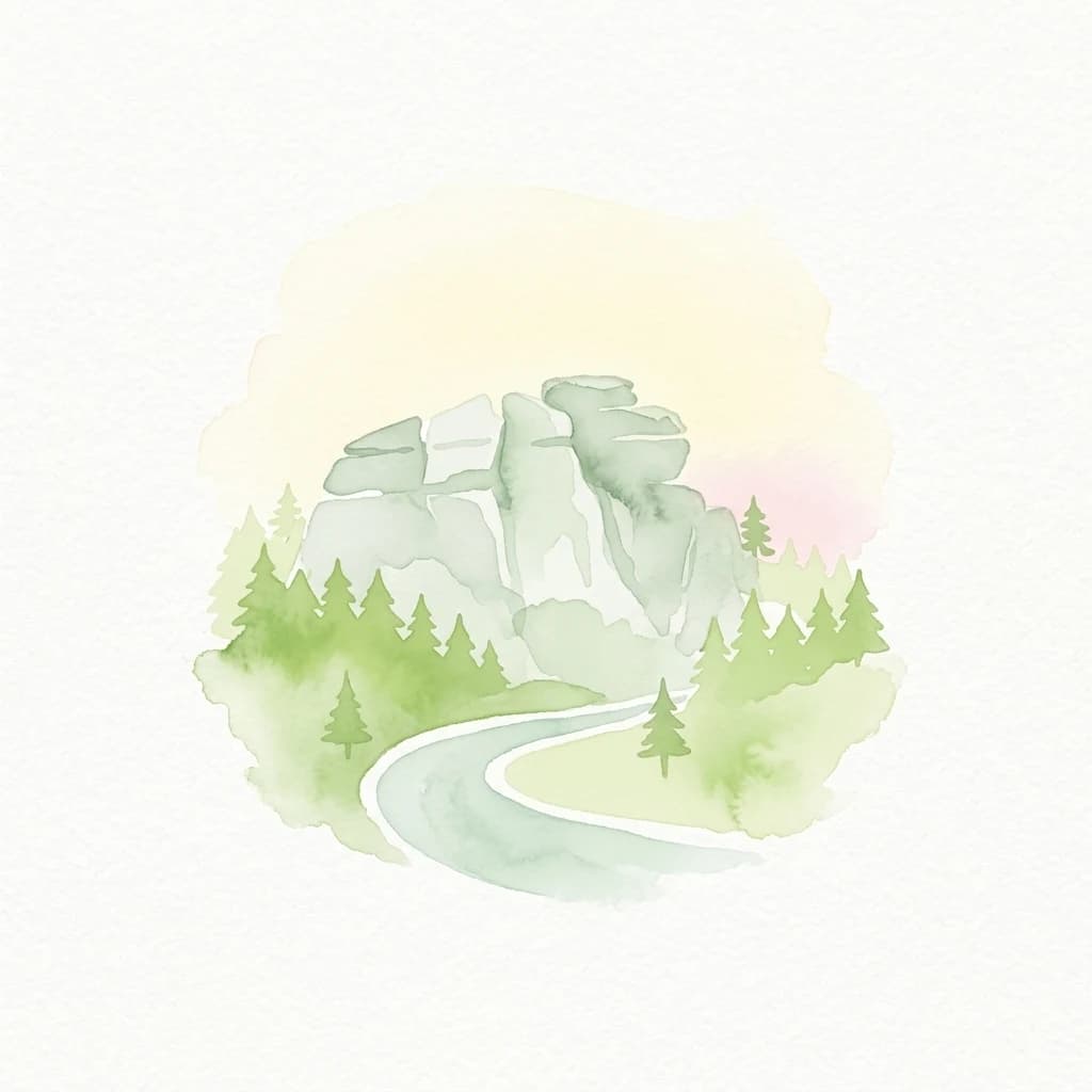 Watercolor illustration of a winding road through a forest with rocky outcrops