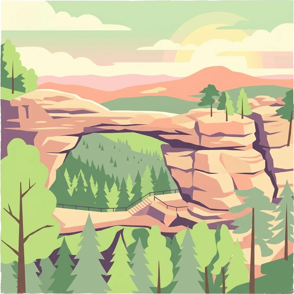 Illustration of a large sandstone arch with forest below and mountains in background