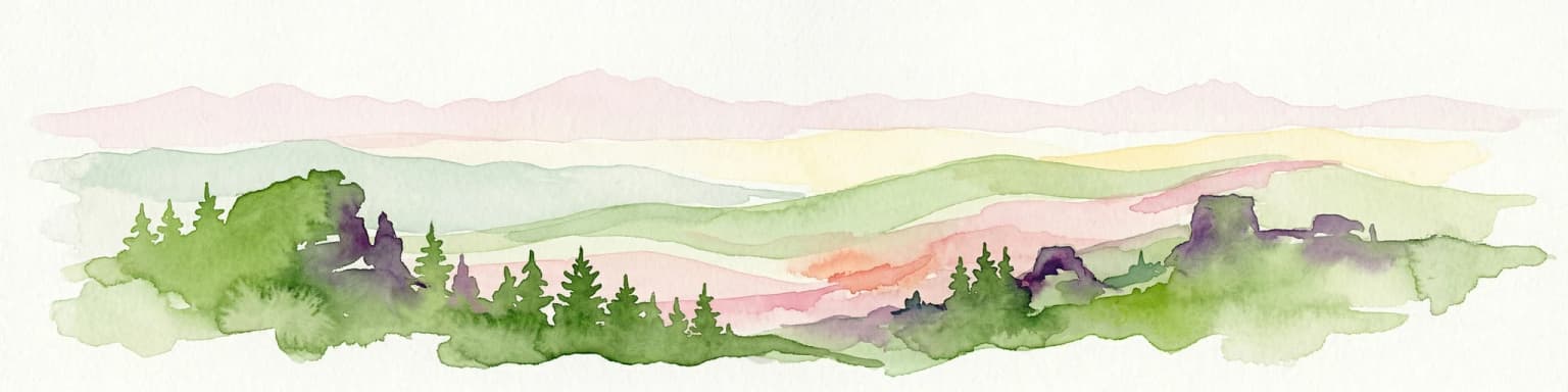 Watercolor illustration of rolling green hills, forests, and distant mountains