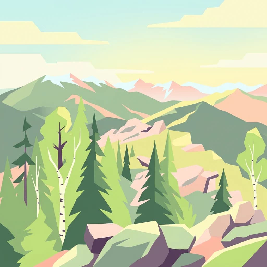 Stylized illustration of green forests, rocky terrain, and distant mountain peaks under a light blue sky with clouds.