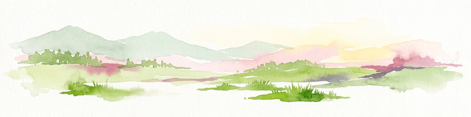 Una acuarela de colinas y montañas verdes onduladas sobre un fondo blanco con lavados rosa pálido y amarillo.