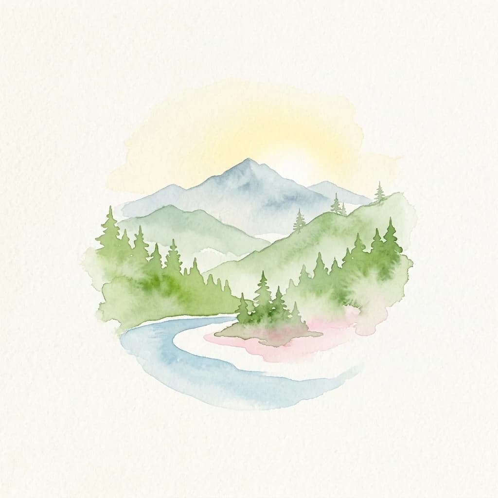 Watercolor illustration of mountains, forested hills, a winding river, and a sunlit sky