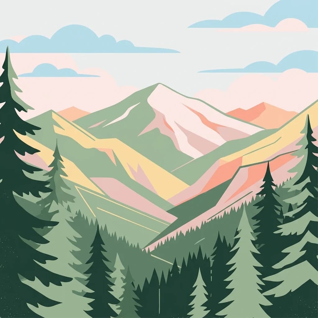 Pine trees in foreground, mountain peaks with colorful layers, valleys, and a partly cloudy sky