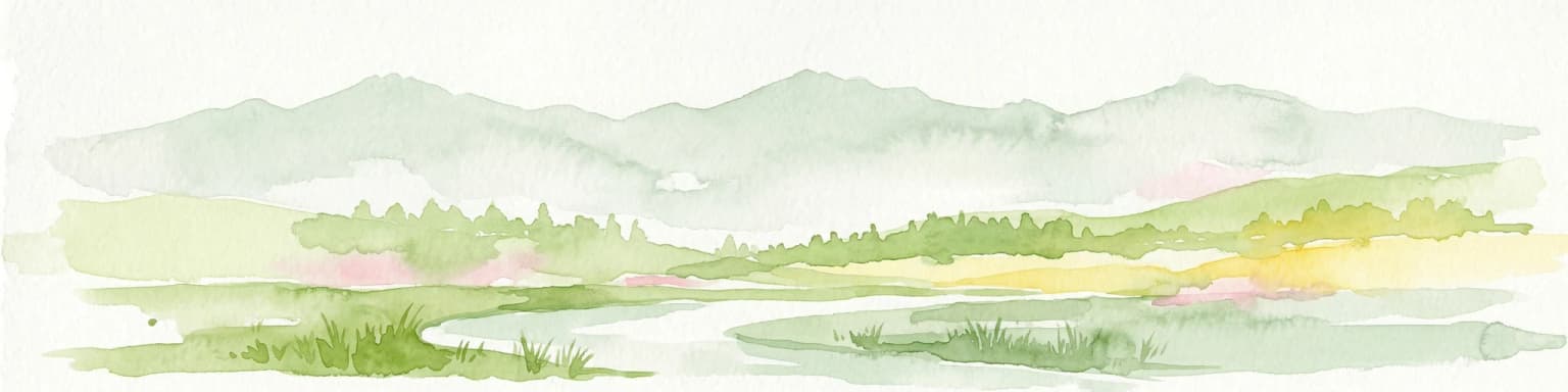 Watercolor illustration of a landscape with mountains, a river, and grassy fields