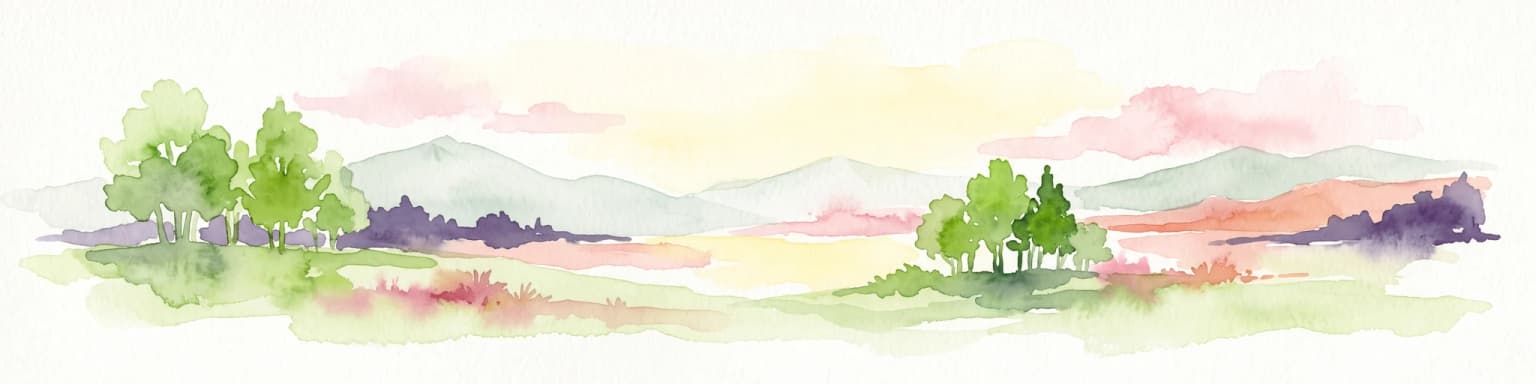 Pintura en acuarela de un paisaje amplio con grupos de árboles, prados verdes y colinas suaves y lejanas bajo un cielo pastel.