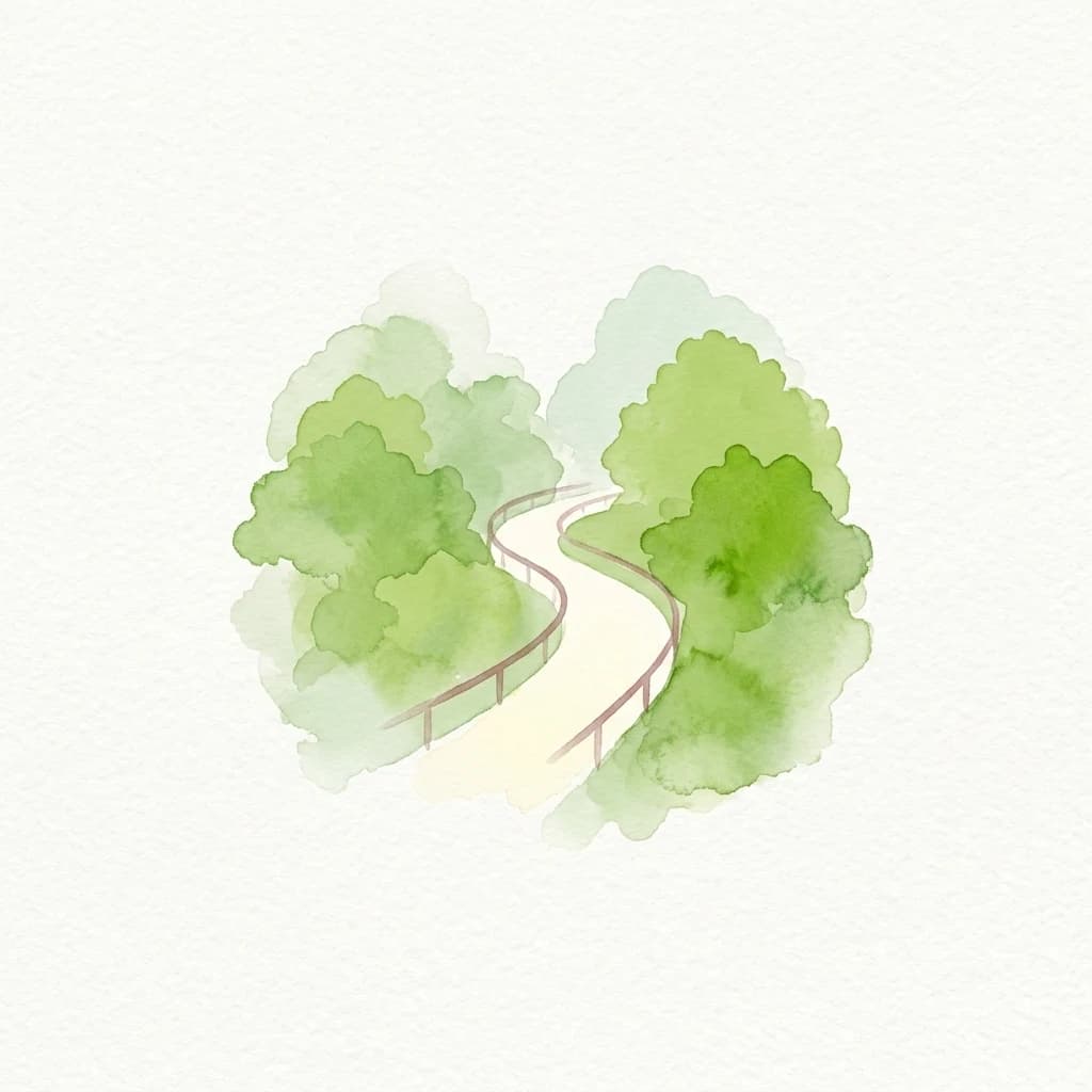 Watercolor illustration of a winding path with railings surrounded by green trees