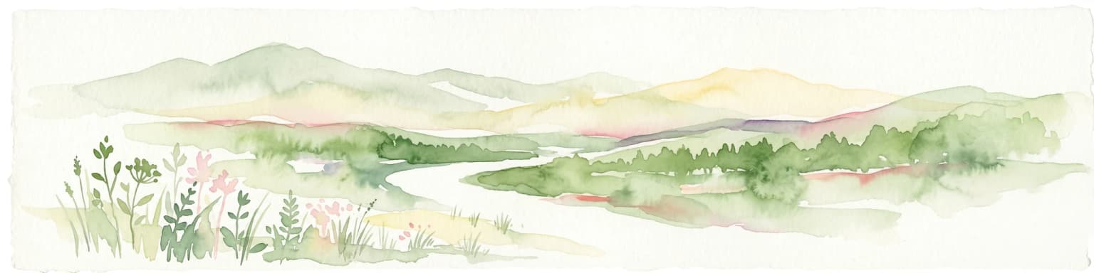Ilustración en acuarela de un río serpenteando por un valle con colinas onduladas y vegetación verde en primer plano.