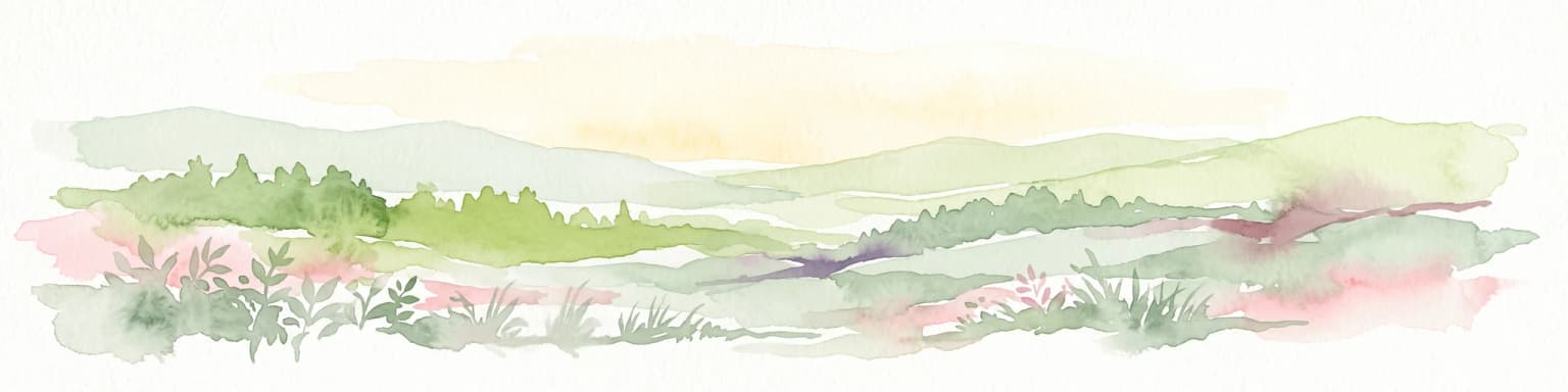 A horizontal watercolor illustration depicting rolling green hills and foreground vegetation on a white background.