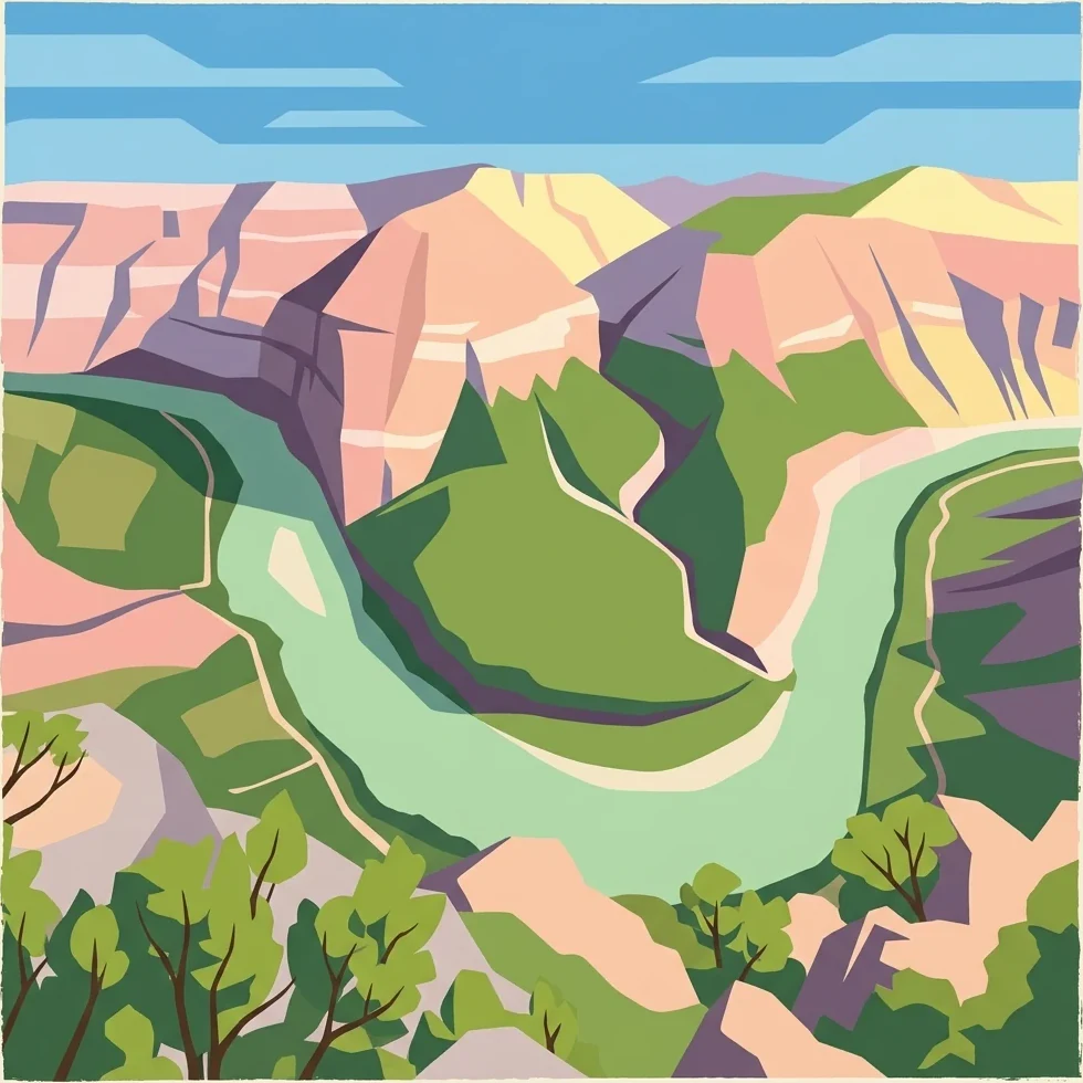Stylized illustration showing a winding river through mountainous terrain with green valleys, rocky cliffs, and scattered trees under a blue sky