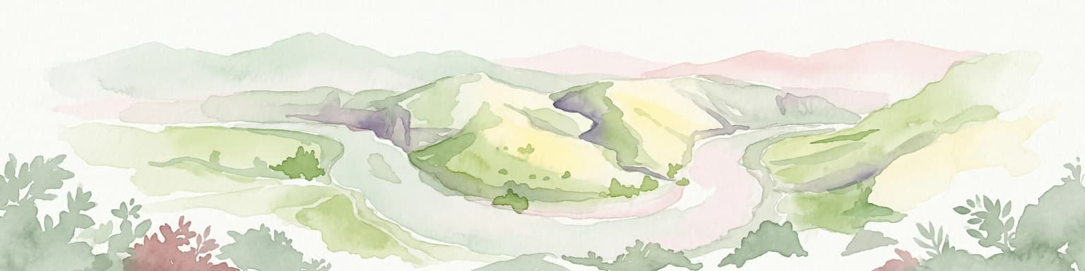 Watercolor illustration showing a winding river through a valley with green hills and distant mountains
