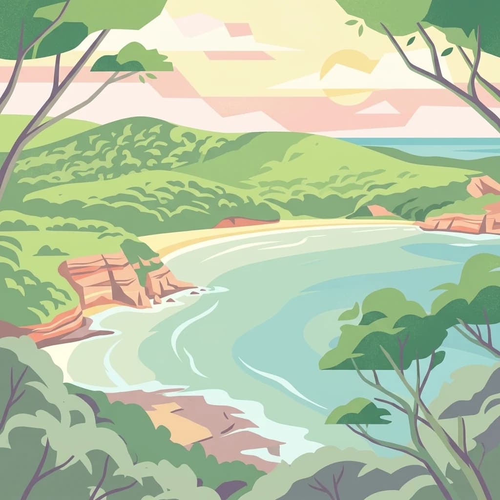 Ilustración estilizada de un paisaje costero con acantilados rocosos, playa de arena, agua turquesa y bosque verde bajo un cielo al atardecer.