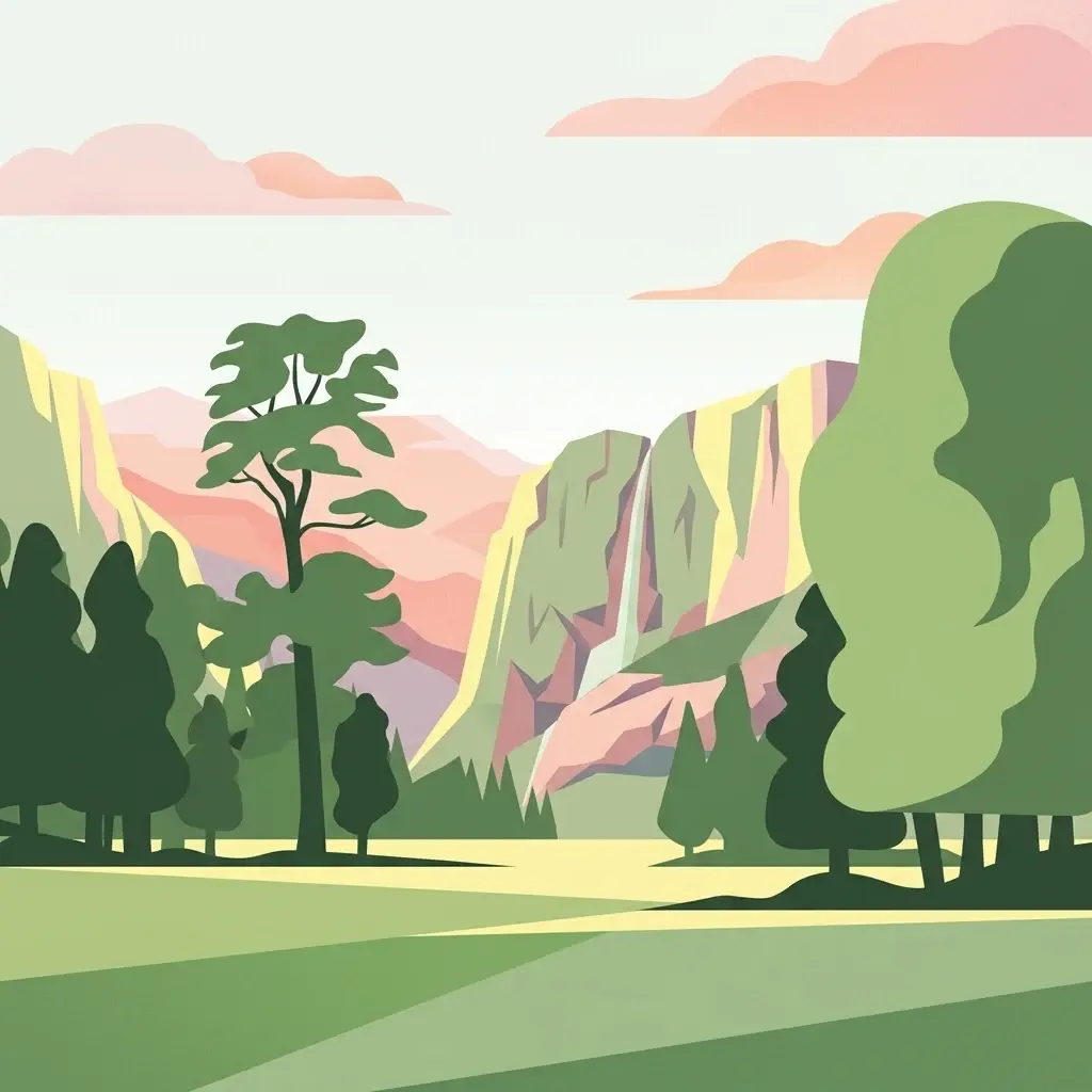 Una ilustración de un prado verde en primer plano con bosque, acantilados escarpados y una cascada estrecha al fondo bajo un cielo pálido con nubes rosadas suaves.