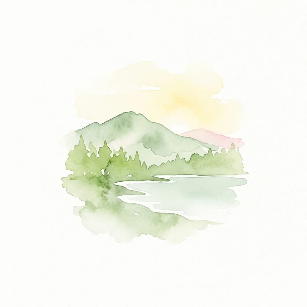 Watercolor painting of mountains, trees, a lake reflecting the landscape, and a sunset sky