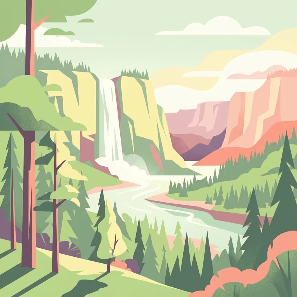 Stylized illustration of a waterfall flowing into a river surrounded by forested mountains