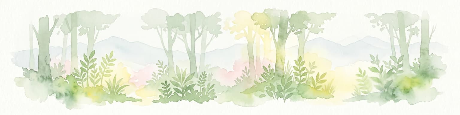 Watercolor illustration of a forest scene with trees, ferns, and distant mountains
