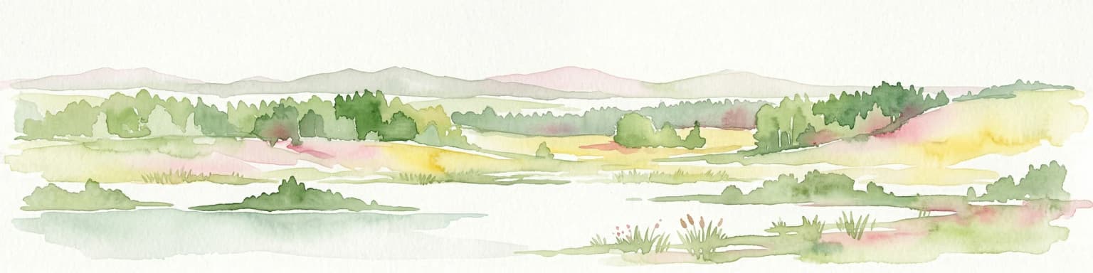 Watercolor painting showing a lake surrounded by trees and rolling hills