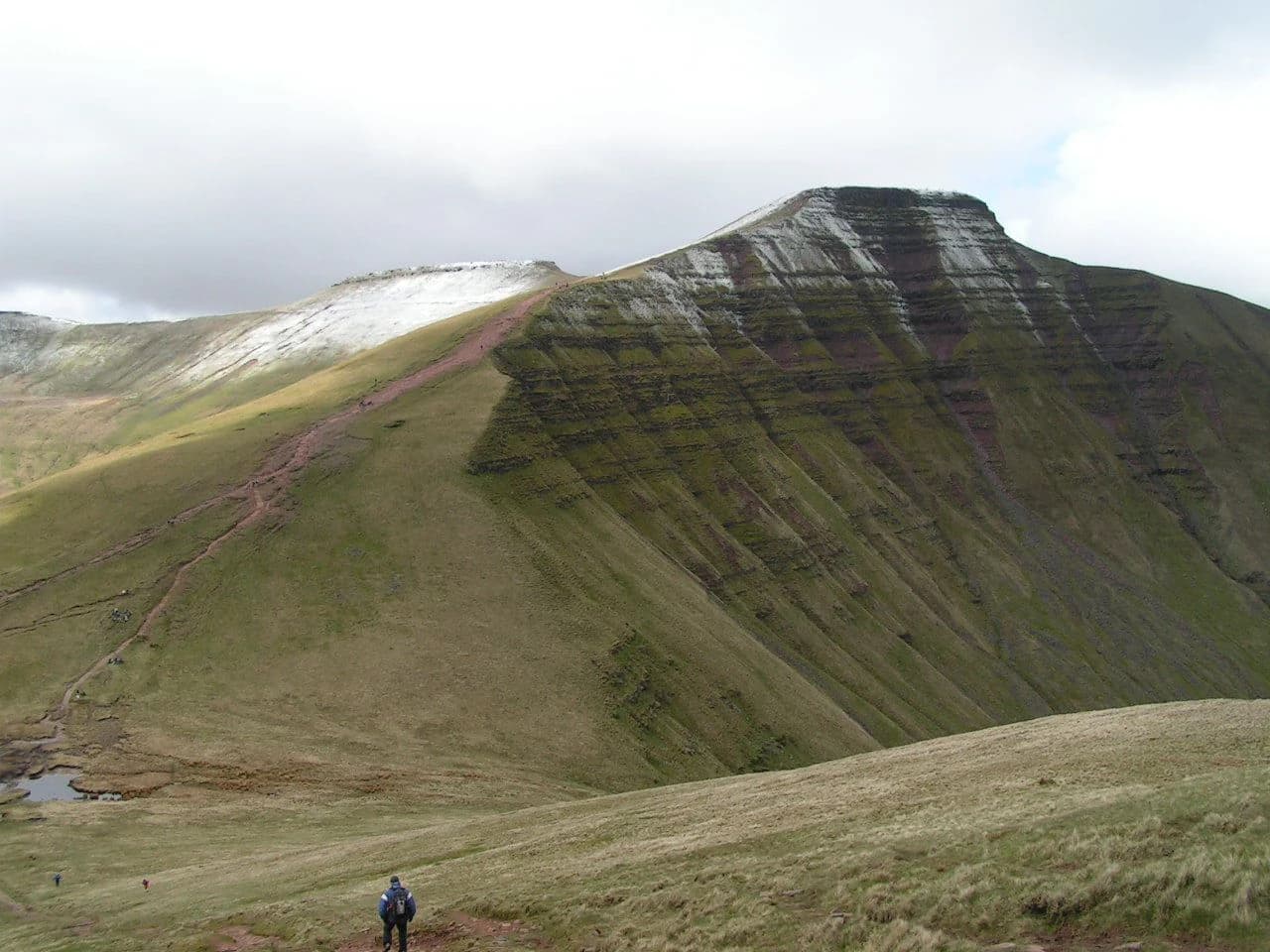 Grassy mountain slope with layered rock formations, snow patches, a hiker on a trail, and a small water body under an overcast sky