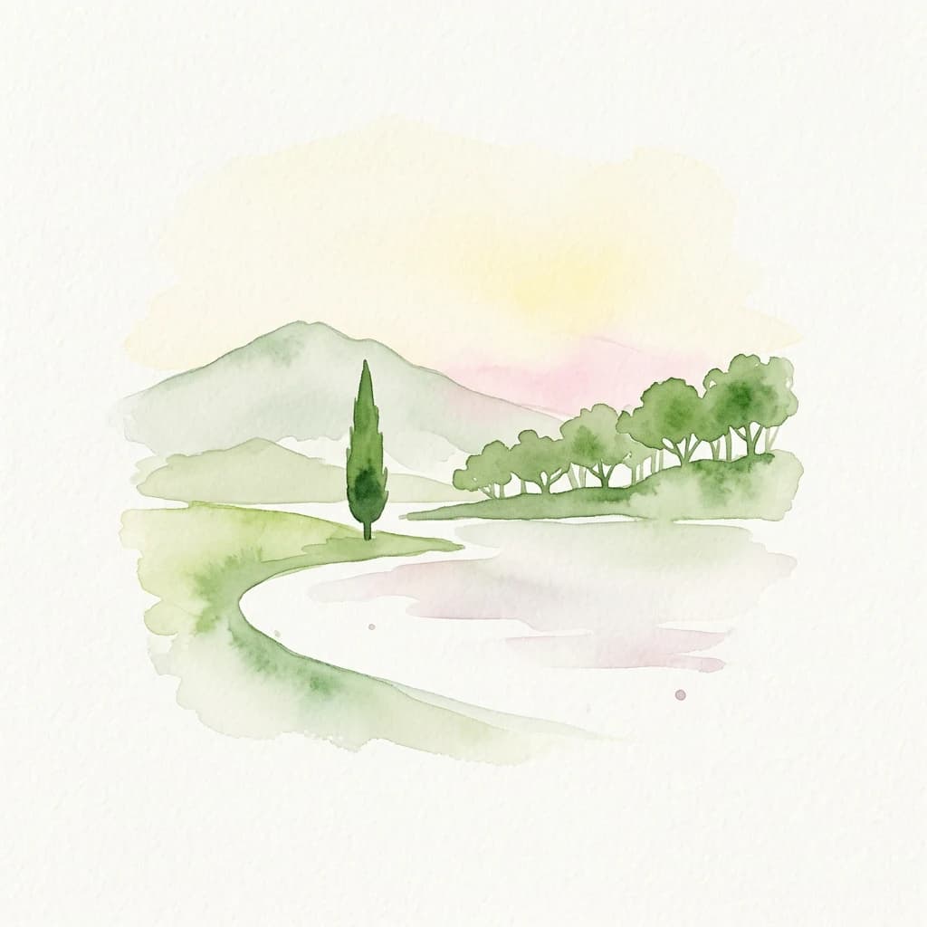 Watercolor painting of a landscape featuring a cypress tree, rolling hills, and a body of water