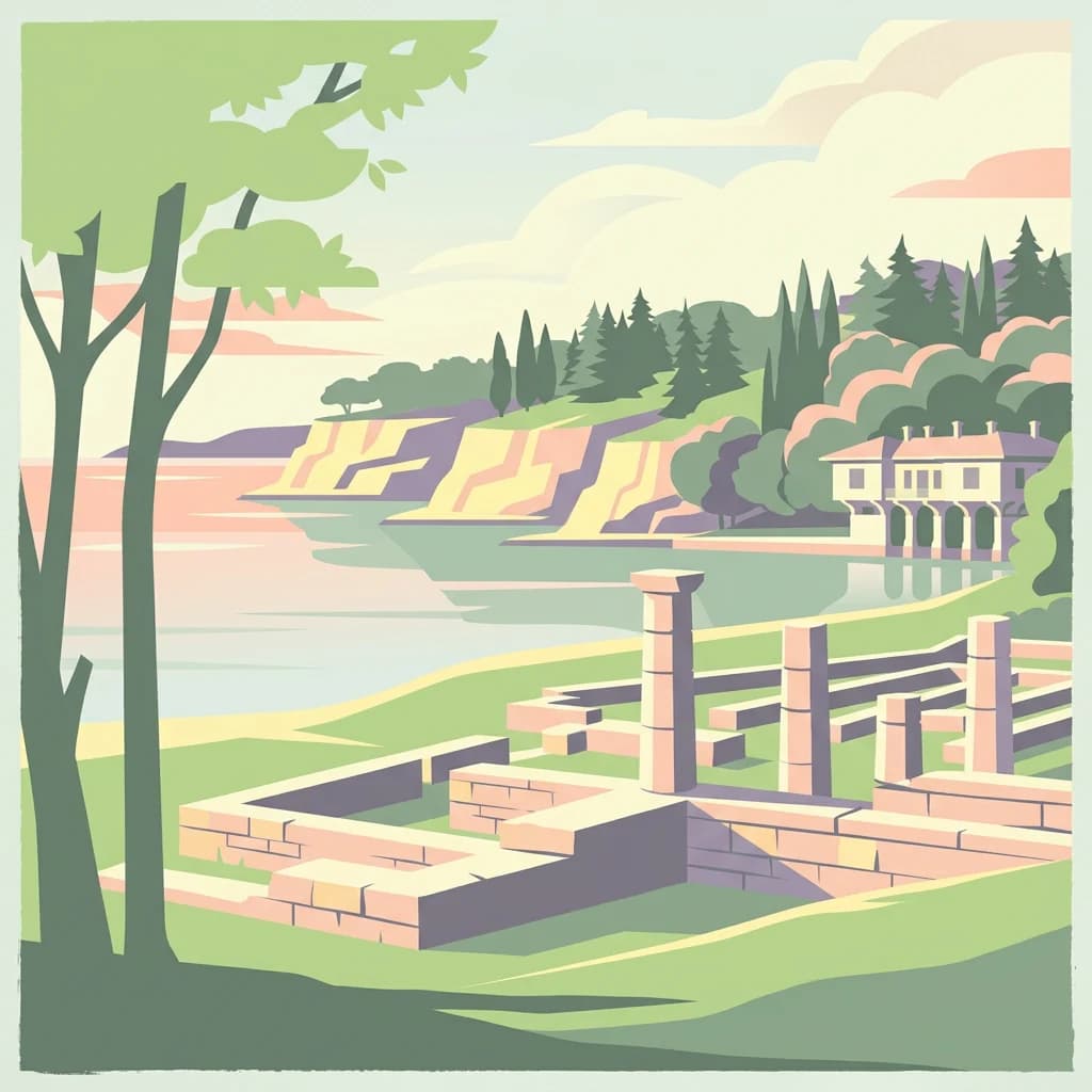 Illustration of ancient stone ruins on a grassy coastal area with cliffs, trees, and a building by the water