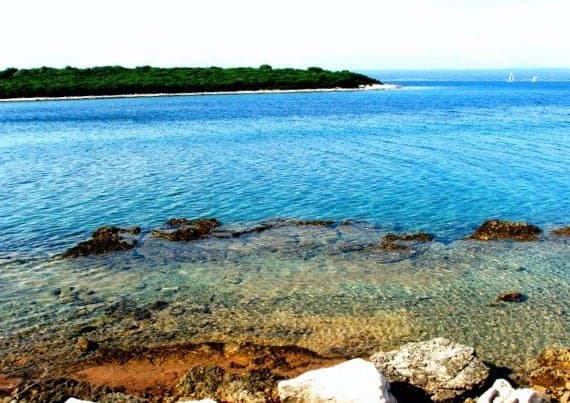 Clear blue water with rocky shore, distant green island, and sailboats on horizon
