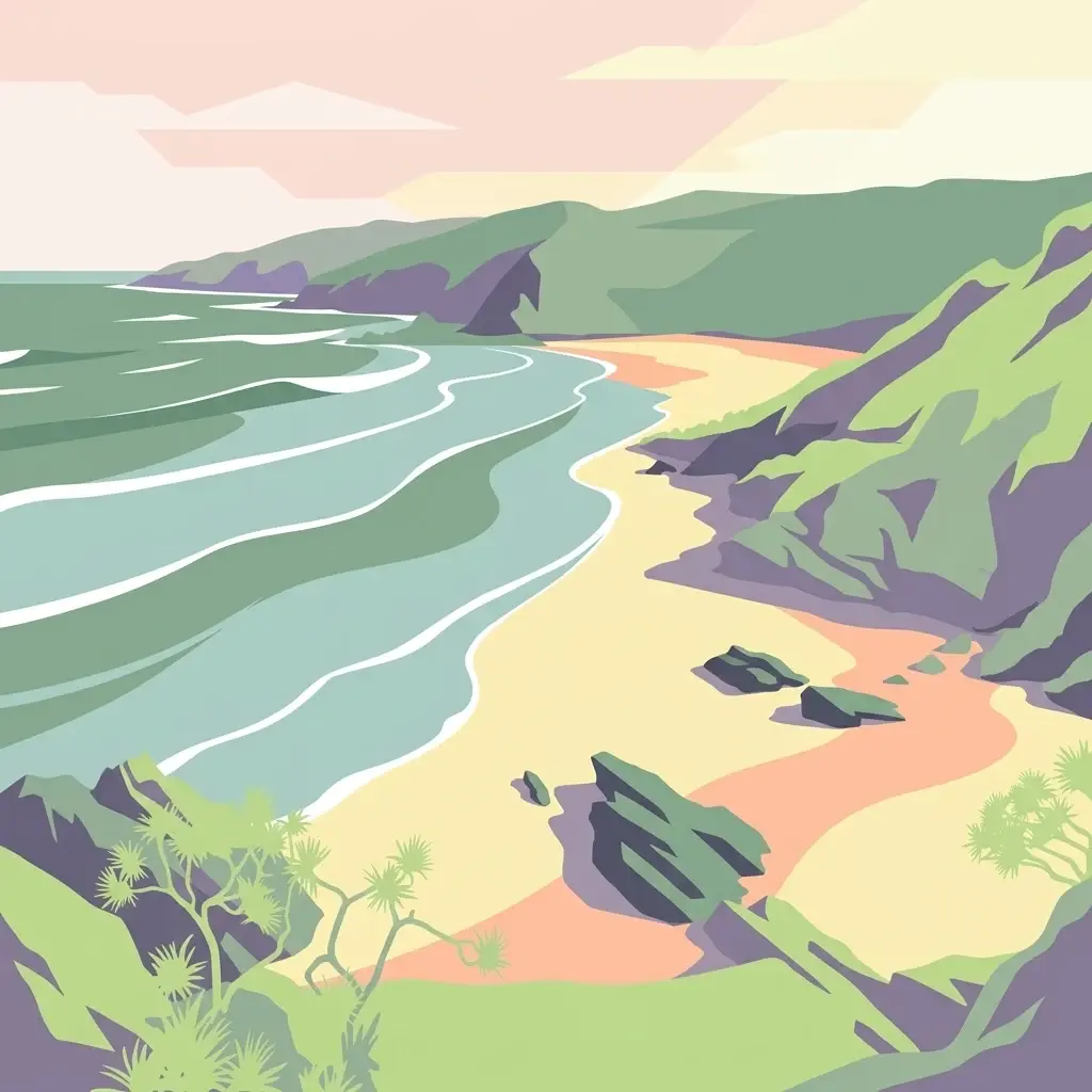 Una ilustración estilizada que muestra una playa de arena que se encuentra con el océano, flanqueada por colinas verdes cubiertas de hierba y acantilados bajo un cielo de colores suaves.